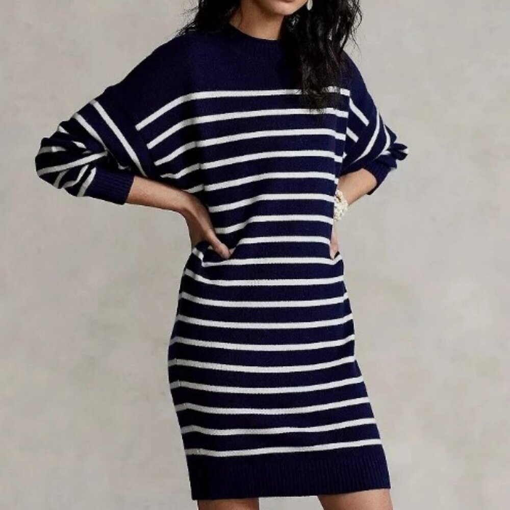 Polo Ralph Lauren striped merino sweater dress navy blue, white women's size XL